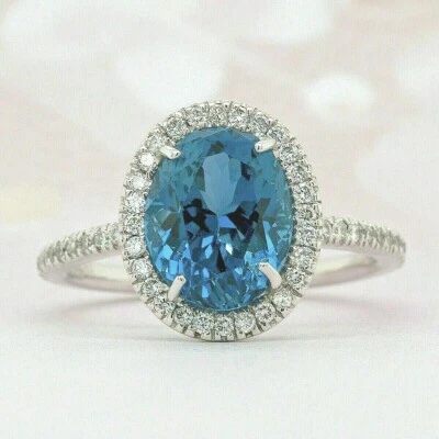 Anel de casamento de noivado 3 quilates corte oval Londres topázio azul halo ouro branco 14K por cima - Imagem 1 de 4