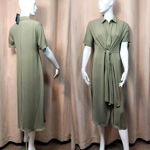 M&S Midi Kurzarm SHIRTKLEID vorne zum Binden ~ Größe 12 ~ Khaki - Bild 1 von 8