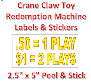 2.5 x 5" Vending Labels Stickers  Crane Claw or Toy Redemption Machines 2 plays - Picture 1 of 1