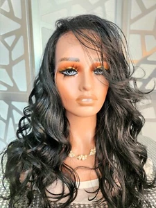 Black Lace Wig Wavy Wig FreeParting 13x4 Curly Black Wig Human Hair Blend Heat - Picture 1 of 12