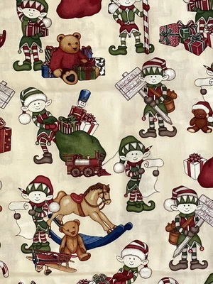 Cotton Fabric Dan Morris HOLLY JOLLY Elves Rocking Horse Bears 1.12 yds x 42 In - Image 1 of 4
