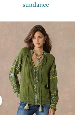 NEW SUNDANCE LIVING CATALOG Women’s Embroidered TOTORA Green Long Sleeve Top L - Image 1 of 4