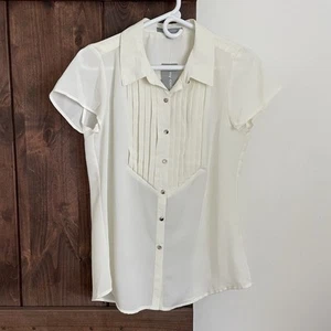 NY collection Top Womens Medium White Pin tuck Blouse Button Down Career New - Picture 1 of 9