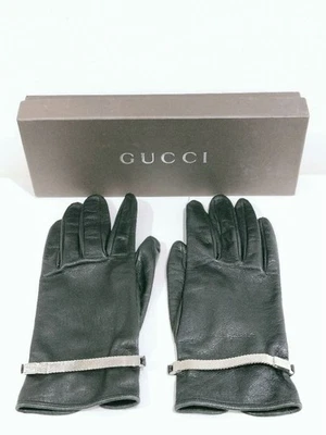 Authentic GUCCI Gloves Black Leather Five Finger Metal Strap Arm Covers Women's - Image 1 of 4