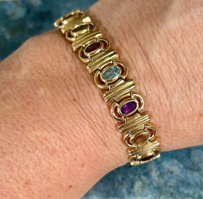 14K YELLOW GOLD AMETHYST CITRINE GARNET PERIDOT TOPAZ LINK BRACELET 7 INCH 23.3g - Image 1 of 4