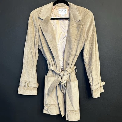 Oscar by Oscar de La Renta Beige Suede Leather Belted Trench Coat Size 12 - Image 1 of 3