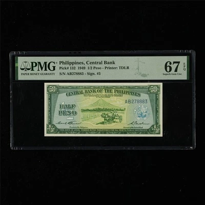 1949 Philippines Central Bank 1/2 Peso Pick#132 PMG 67 EPQ Superb Gem UNC - Image 1 of 4