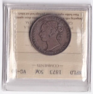 Newfoundland NFLD 1873 50c Fifty Cent Silver Coin Queen Victoria ICCS VG-10 .925 - Picture 1 of 2