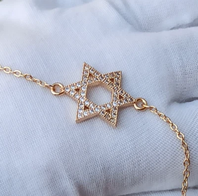 Star of David Bracelet Gold Tone Clear Crystals Israel 7.4 adjustable Gift New - Image 1 of 4