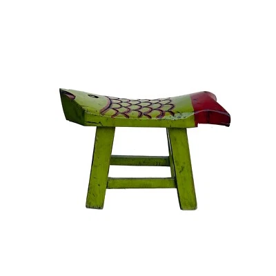 Distressed Lime Green Red Head Tail Small Fish Shape Wood Stool ws4452 - Image 1 of 4