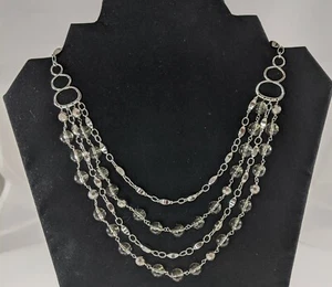 Silver Tone 4 Tier Metallic and Clear Bead Necklace Adjustable - Picture 1 of 5