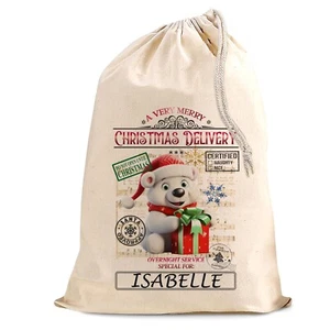 Personalized Christmas Bag with Bear Design - Burlap - 75cm x 49cm - Winter - Picture 1 of 7