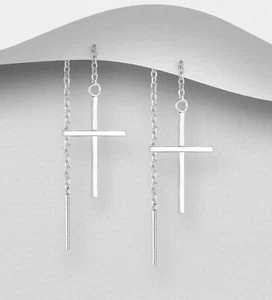925 Sterling Silver Cross Threader Earrings - Long Dangle Earrings - Picture 1 of 1