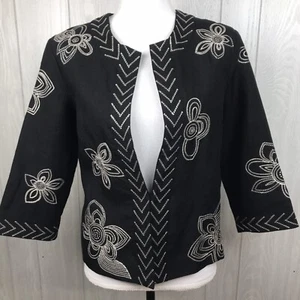 Saint Tropez West Linen Jacket Embroidered Floral Pattern Lined Black Size Med - Picture 1 of 8