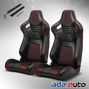 JDM Reclinable PVC Main Black Red Sitching Left/Right Sport Racing Seats Slider - Picture 1 of 7