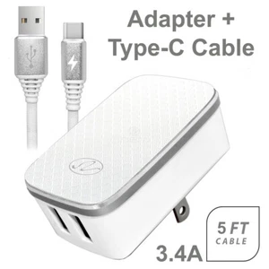 White Universal Dual Port Travel AC Charger Wall Adapter With Type-C Cable For - Picture 1 of 6