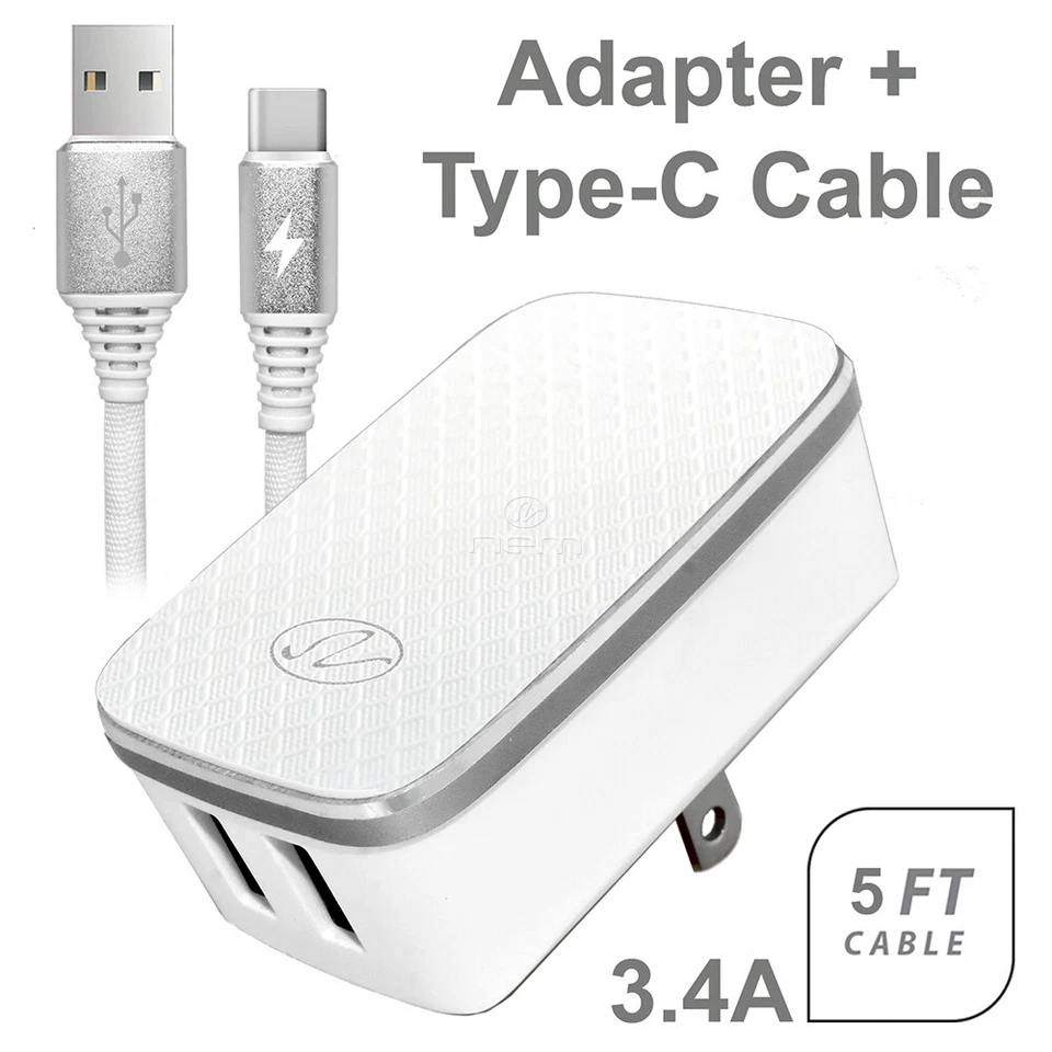 White Universal Dual Port Travel AC Charger Wall Adapter With Type-C Cable For - Image 1 of 4