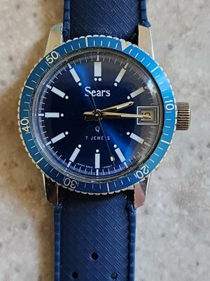 Reloj Sears Diver Vintage Años 70 7J Esfera Azul Sears, Roebuck And Co 50C Mantiene el Tiempo Foto 1 de 4