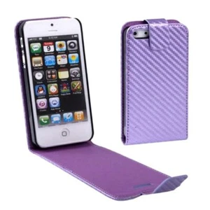 Etui na telefon komórkowy Flip cienkie carbon look do telefonu komórkowego iPhone 5 i 5s fioletowe - Zdjęcie 1 z 3