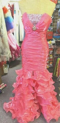 Alyce Designs Formal Prom Vtg long Mermaid dress sequins pink strapless ruched 6 - Image 1 of 4