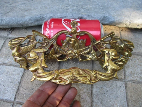 Vintage in Brass Enormous Drawer Pull Handle Ornated Coat of Arms Old Hardware Cover