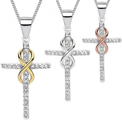 Damen Zirkonia Kreuz Unendlichkeit Anhänger Halskette 925 Silber Gold Rosegold - Bild 1 von 3