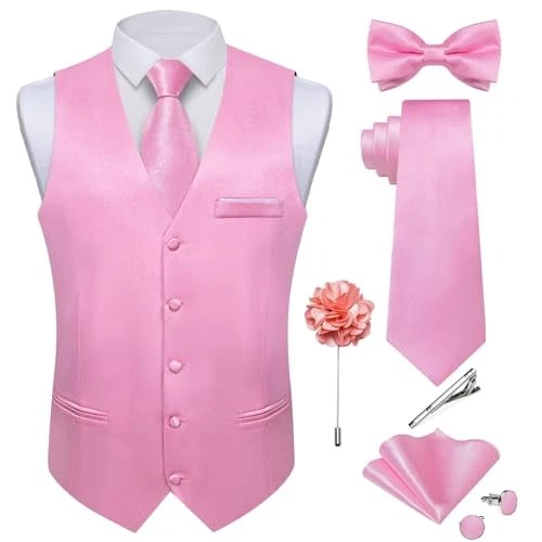  Mens Satin Suit Vest and Tie Set 8PCS Solid Waistcoat and Bowtie X-Large Pink - Image 1 of 4