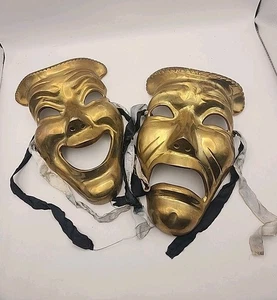 Máscara de comedia y tragedia de latón de teatro vintage decoración colgante de pared 7" 🎭 - Imagen 1 de 11