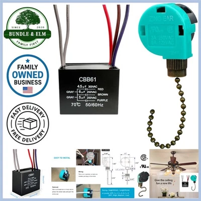 Ceiling Fan Pull Chain Switch 3 Speed 4 Wire Capacitor 4.5+6+5uf 250V Light - Image 1 of 4