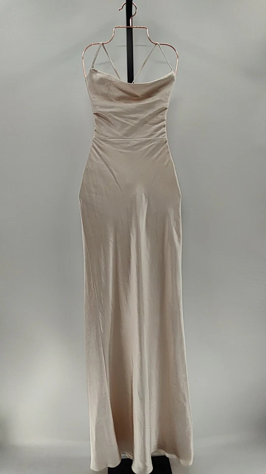 Lulus Women Inspire Romance Champagne Satin Cowl Neck Lace-Up Maxi Dress S - Image 1 of 2