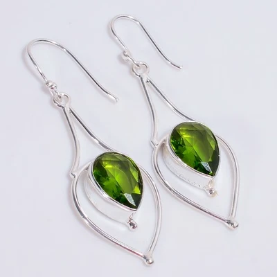 Peridot Gemstone Ethnic Handmade Jewelry 925 Sterling Silver Earrings 2.3" w772 - Image 1 of 4
