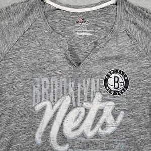 Brooklyn Nets Womens XL Majestic Fan Fashion Gray Short Sleeve V-neck Shirt - Picture 1 of 7