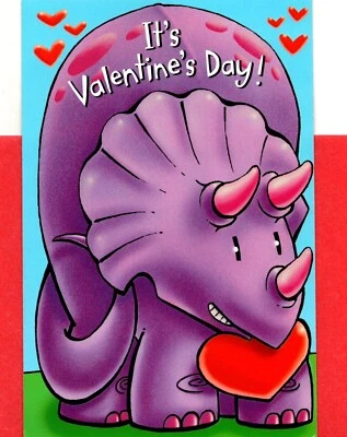 Tarjeta de felicitación feliz día de San Valentín niño recibiendo como grandes dinosaurios dinosaurios Foto 1 de 3