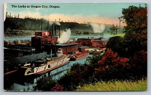 Postcard the Willamette Falls Locks at Oregon City OR Barges Ship Factories - Picture 1 of 2