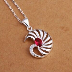 Shell Pendant Necklace Silver Plated 925 Ruby Simulated 18" s198