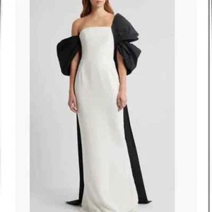 Abito Marchesa Notte Cape Back Colonna in avorio nero donna TAGLIA 10 NUOVO $895 - Foto 1 di 9