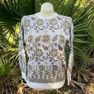 Stefano Cream and Gold Floral Geometric Sweater 80s Vtg Size S - Picture 1 of 11