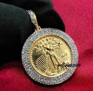 1.28 ct Moissanite Men's Coin Lady Liberty Pendant 14k Yellow Gold Plated Silver - Picture 1 of 10