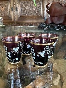 4 Vintage Bohemian Ruby Red Shot Glasses With Raised Flower Decoration. - Picture 1 of 6