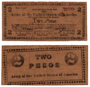 1943 IV Corps Militaire Script Issue S711A 2 Pesos sur Sac Papier