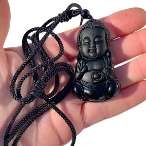 Black Obsidian Baby Buddha Necklace Amulet Pendant With Long Black Cord Chain - Afbeelding 1 van 11