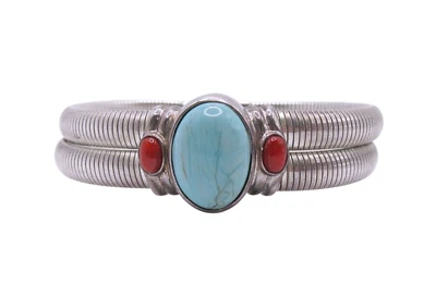 Brazalete flexible de plata de ley turquesa y coral Foto 1 de 4
