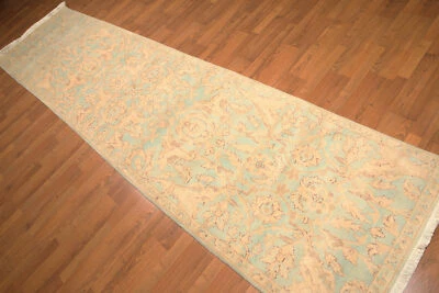 Hand Knotted 100% Wool Transitional Runner Area Rug Beige Aqua 3' x 12' - Image 1 of 4