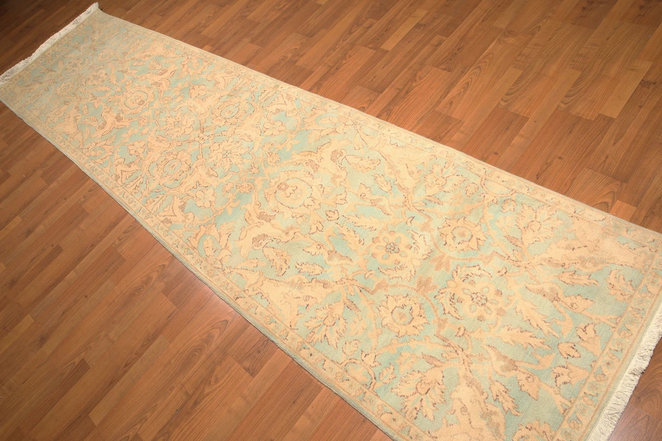 Hand Knotted 100% Wool Transitional Runner Area Rug Beige Aqua 3' x 12' - Image 1 of 4