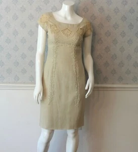 Vintage 1950s to 60s Rita Thornton Beige Linen and Appliquéd Lace Pencil Dress - Picture 1 of 9