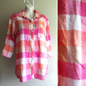 Foxcraft Shirt Womens 12 L 100% Linen Pink Orange Buffalo Plaid 3/4 Sleeve - Picture 1 of 7