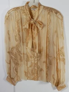 Chanel Vintage 1980’s Gold Ivory Silk Sheer Blouse with Pussybow - Picture 1 of 5