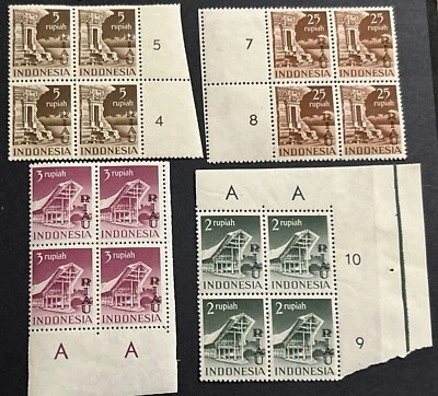 Indonesia 1954 Buildings Overprinted RIAU In Marginal Blocks Of Four Unmounted - Image 1 of 4