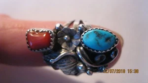 VINTAGE STERLINGSILBER HANDGEFERTIGT VON EINEM TALENTIERTEN HANDWERKER TÜRKIS & KORALLE RING S - Bild 1 von 4