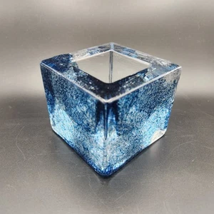 Kosta Boda Glass Brick Blue Votive Candle Holder Anna Ehrner Heavy Square Swirl - Picture 1 of 10